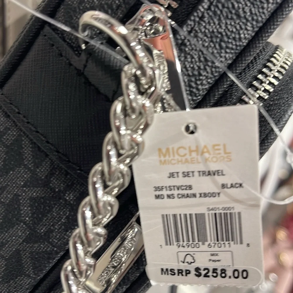 MICHAEL KORS Jet Set Trav Md Logo Crossbody Flight NS Black/Silver NWT Messenger